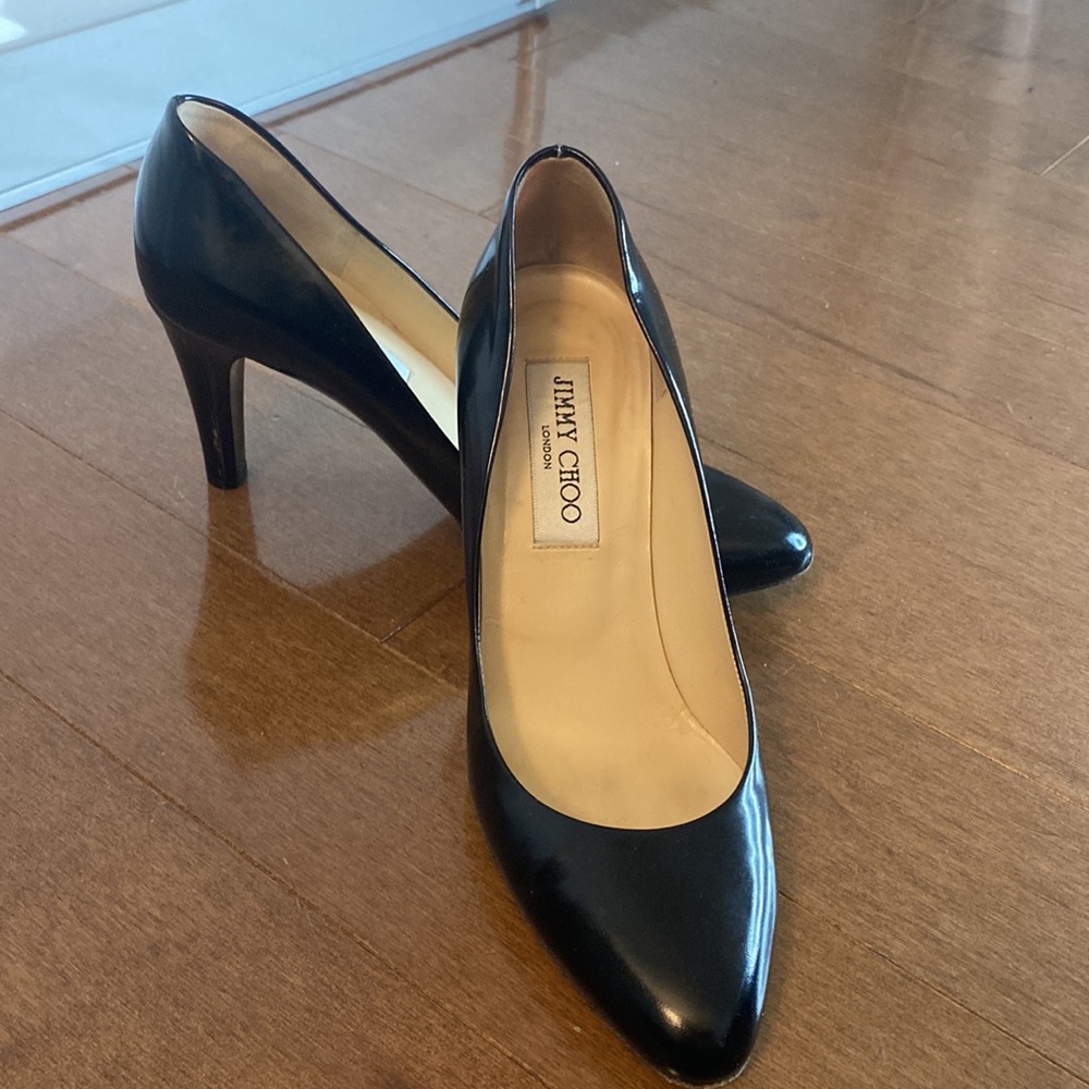 JIMMY CHOO Almond Toe Black Leather Pumps with 3” walkable heels - clean inside